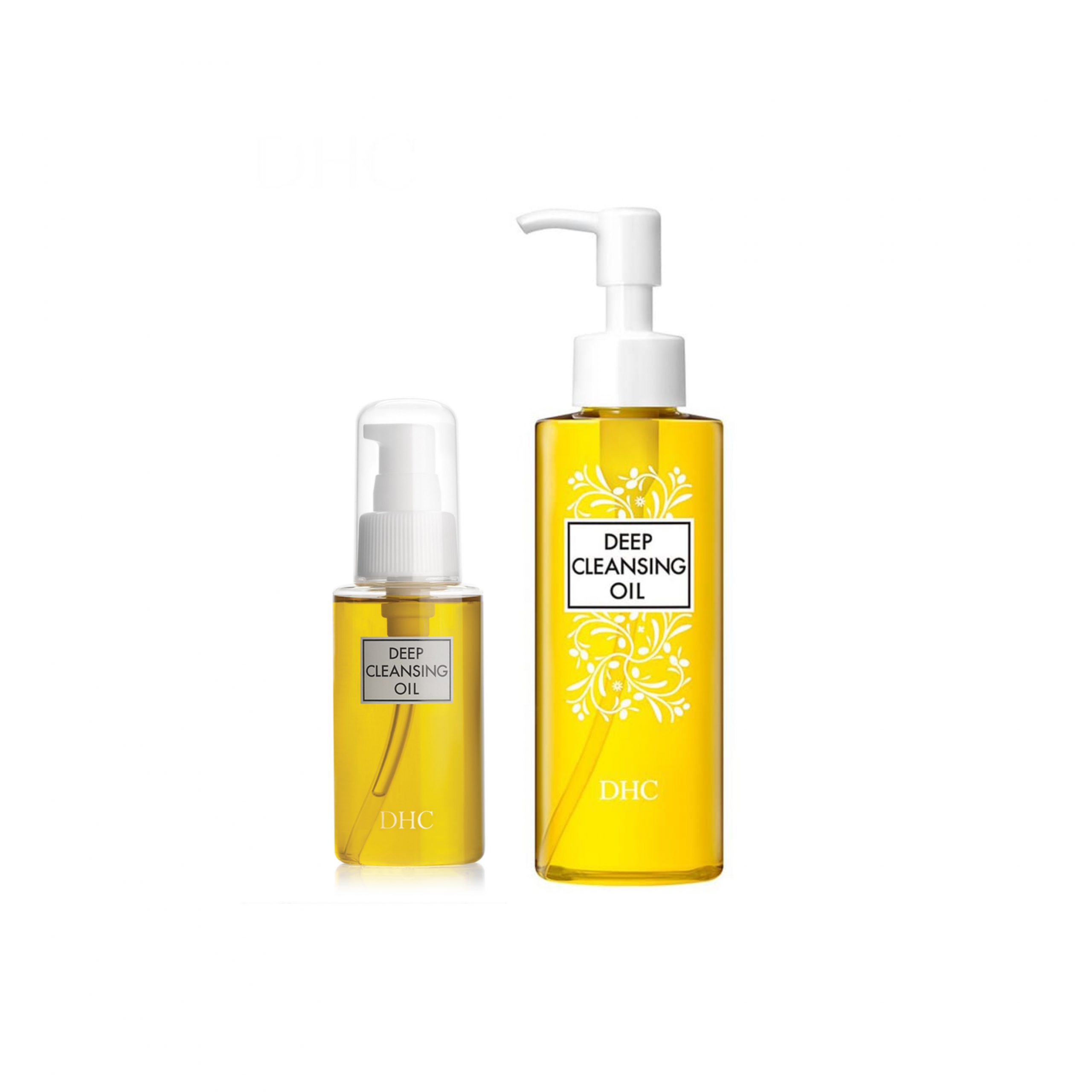 Hai chai dầu tẩy trang màu vàng với nhãn "Deep Cleansing Oil", một chai có vòi nhấn.