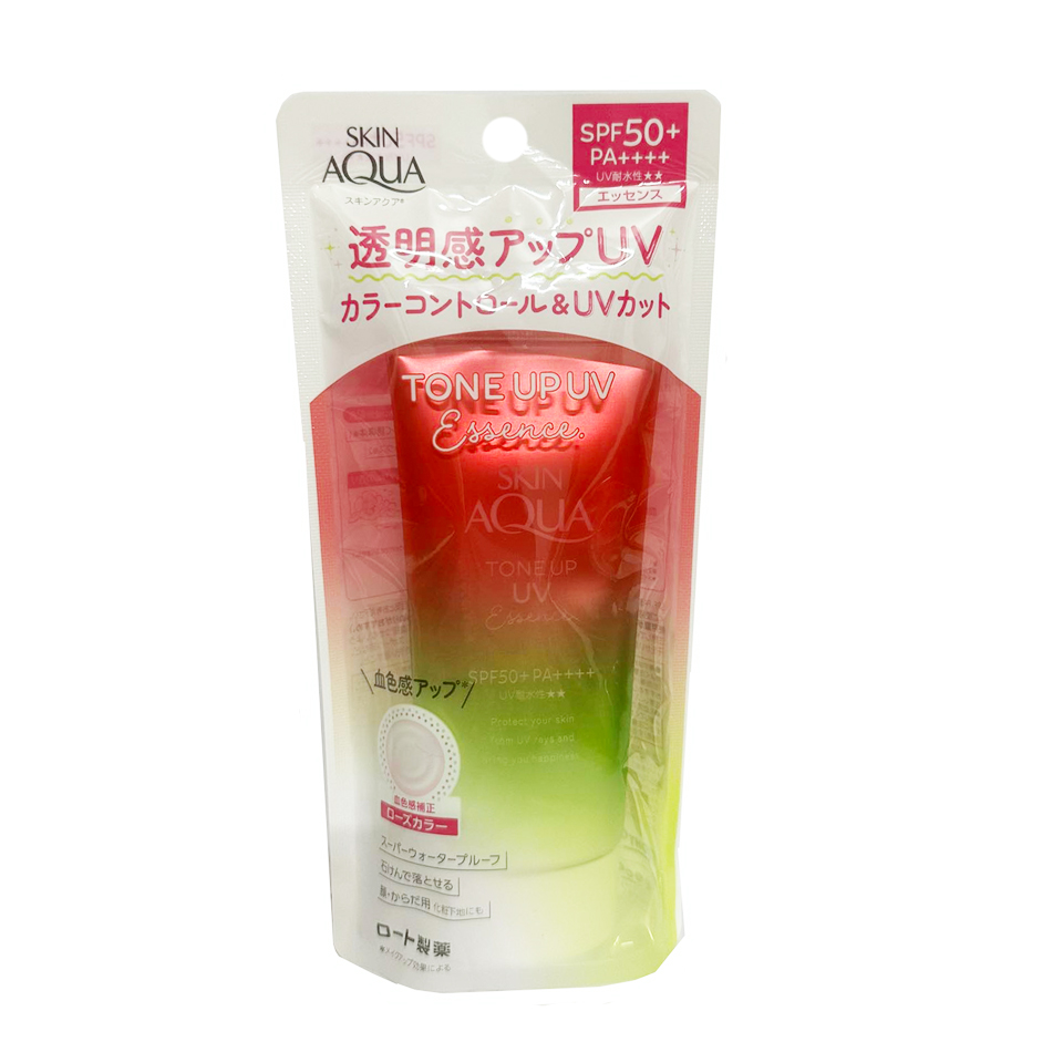 Sản phẩm kem chống nắng Skin Aqua Tone Up UV SPF 50+, bao bì màu đỏ và xanh, với chữ tiếng Nhật.