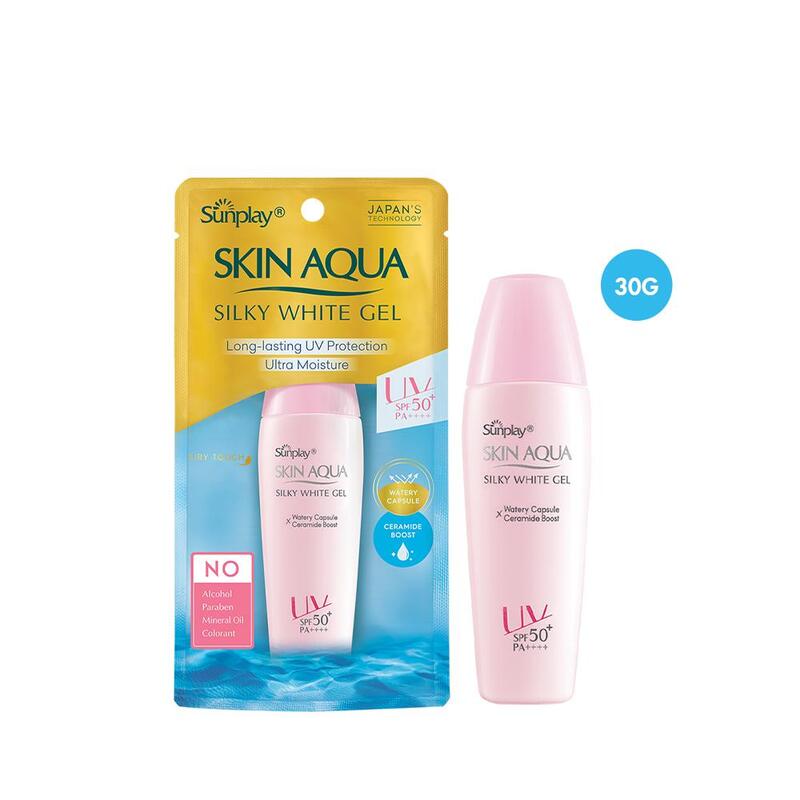 Hình ảnh sản phẩm kem chống nắng Skin Aqua Silky White Gel với chỉ số SPF50+ và PA++++, trọng lượng 30g.