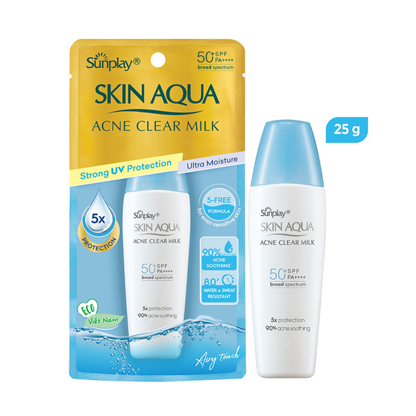 Chai kem chống nắng Skin Aqua Acne Clear Milk 25g, bảo vệ da SPF 50+, PA++++, bao bì màu xanh dương và vàng.