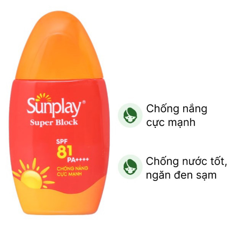 Chai kem chống nắng màu đỏ cam, SPF 81 PA++++, với thông tin chống nắng và chống nước.