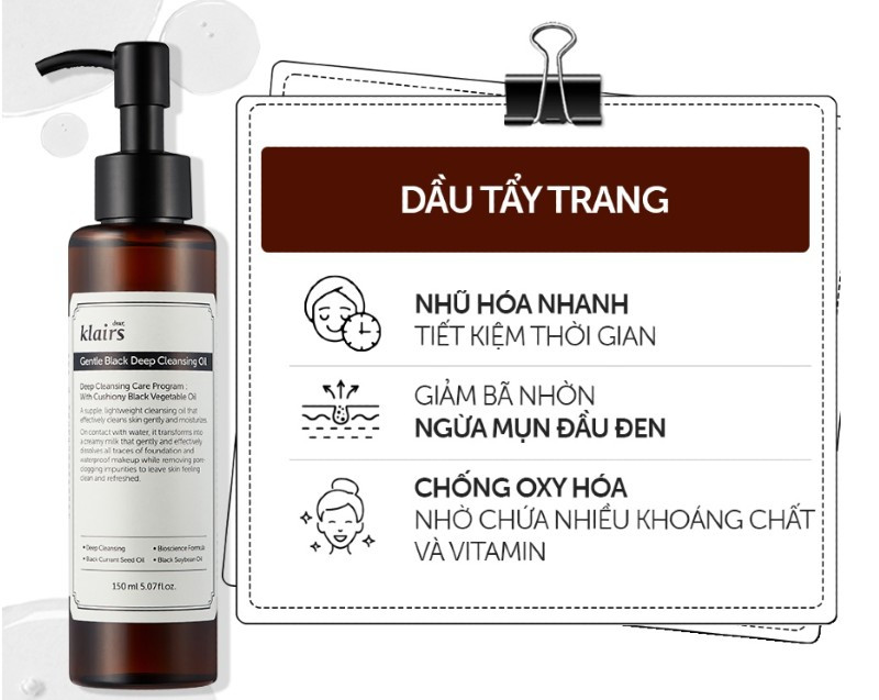 Hình ảnh chai dầu tẩy trang với các lợi ích như nhũ hóa nhanh, giảm bã nhờn và chống oxy hóa.