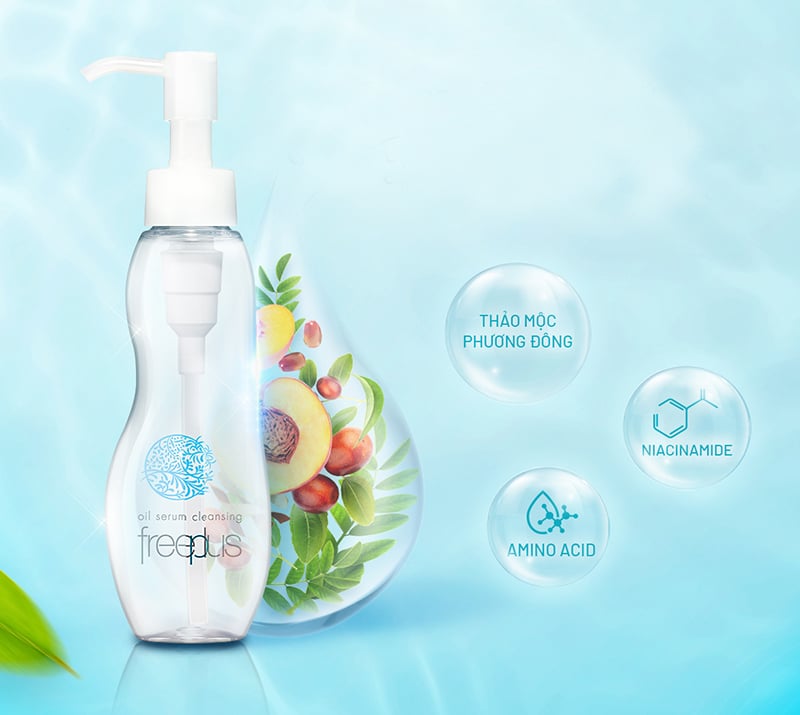 Chai dầu tẩy trang với hình ảnh trái đào và các thành phần như thảo mộc, niacinamide, amino acid trên nền xanh nhạt.