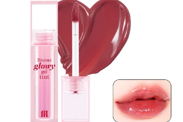 Son tint dạng gel màu đỏ hồng, kèm hình ảnh minh họa đôi môi thoa son bóng.