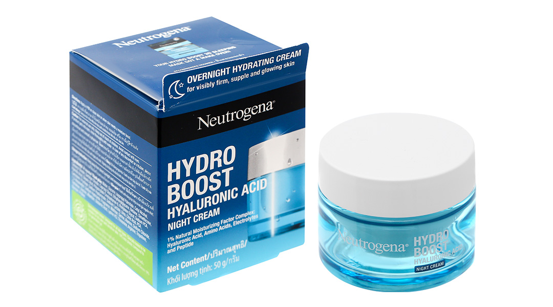 Hộp và lọ kem dưỡng ẩm ban đêm Neutrogena Hydro Boost Hyaluronic Acid trên nền trắng.