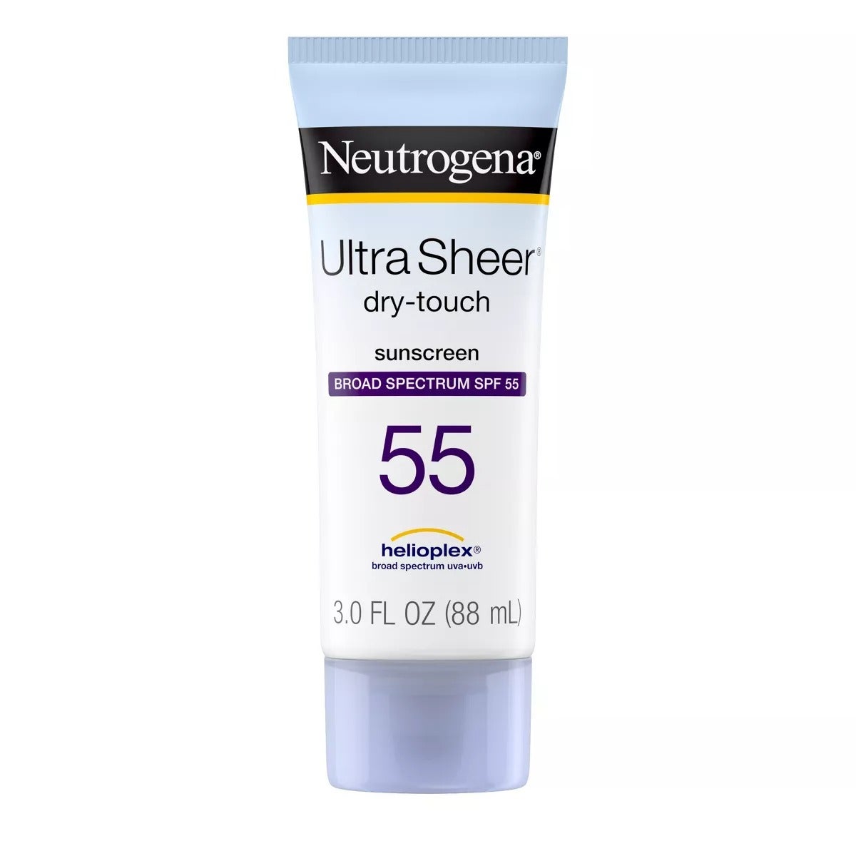 Tuýp kem chống nắng Neutrogena Ultra Sheer SPF 55, dung tích 88 mL, nền trắng, chữ đen và tím.