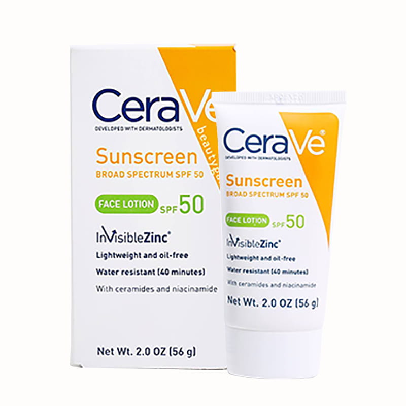 Hộp và tuýp kem chống nắng CeraVe SPF 50, chống nước, chứa ceramide và niacinamide, dung tích 56g.