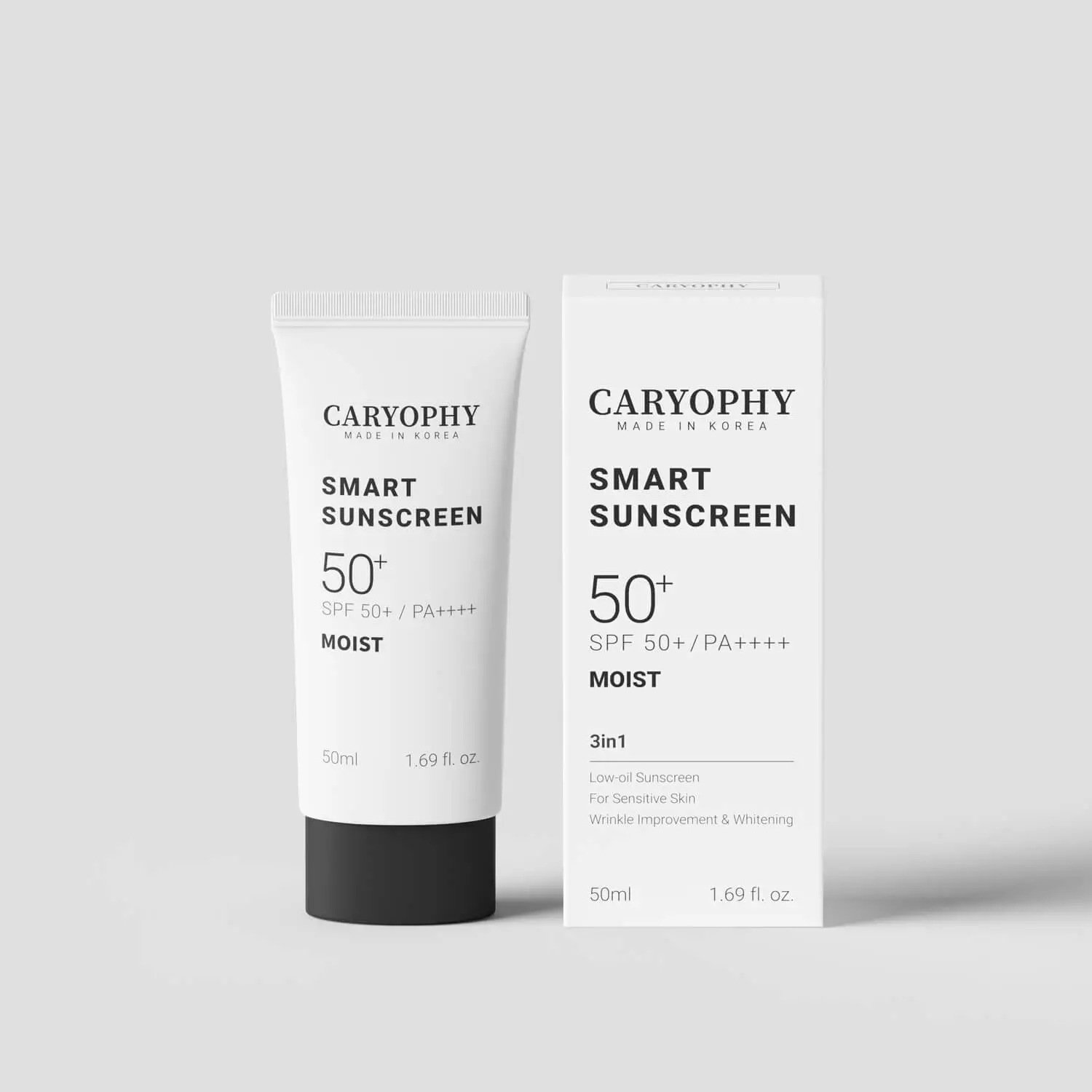 Kem chống nắng và hộp đựng, nhãn hiệu Caryophy, SPF 50+, PA++++, dung tích 50ml, nền trắng.