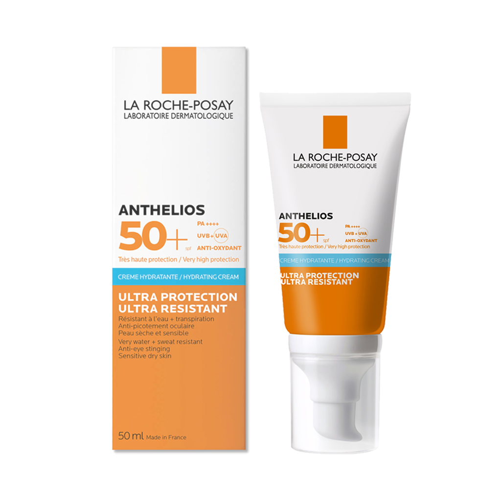 Hộp và tuýp kem chống nắng với chỉ số SPF 50+, dành cho da nhạy cảm, chống nước và mồ hôi, thương hiệu La Roche-Posay.