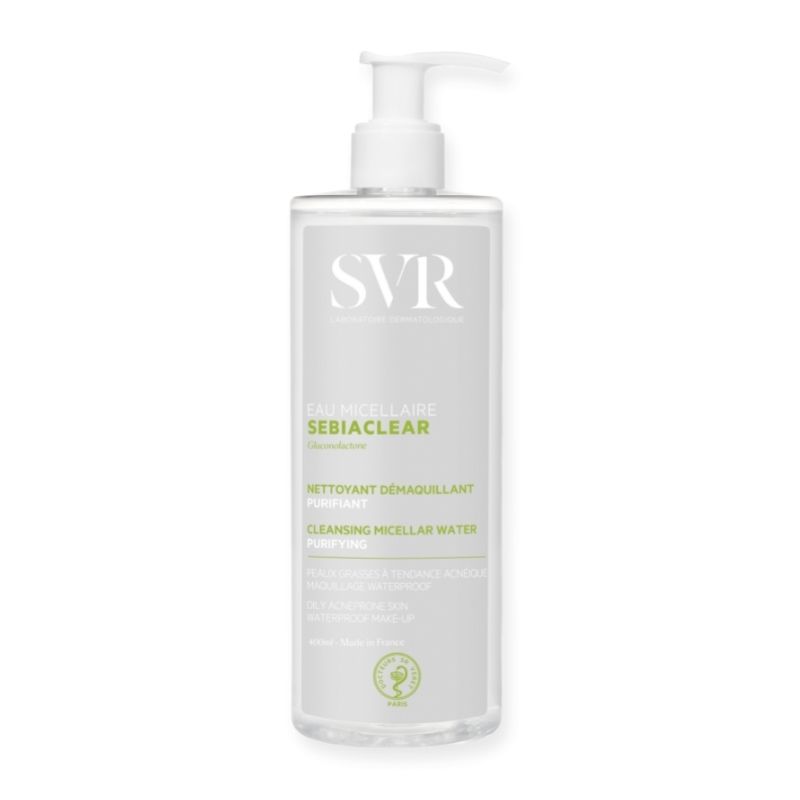 Chai nước tẩy trang SVR Sebiaclear dung tích 400ml, có vòi bơm, nền trắng, chữ xanh lá và tiếng Anh, tiếng Pháp.