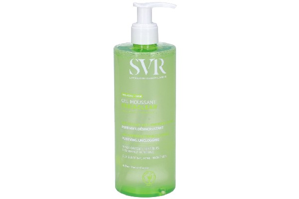 Chai gel rửa mặt màu xanh lá cây, có vòi bơm, nhãn hiệu SVR, dung tích 400ml.