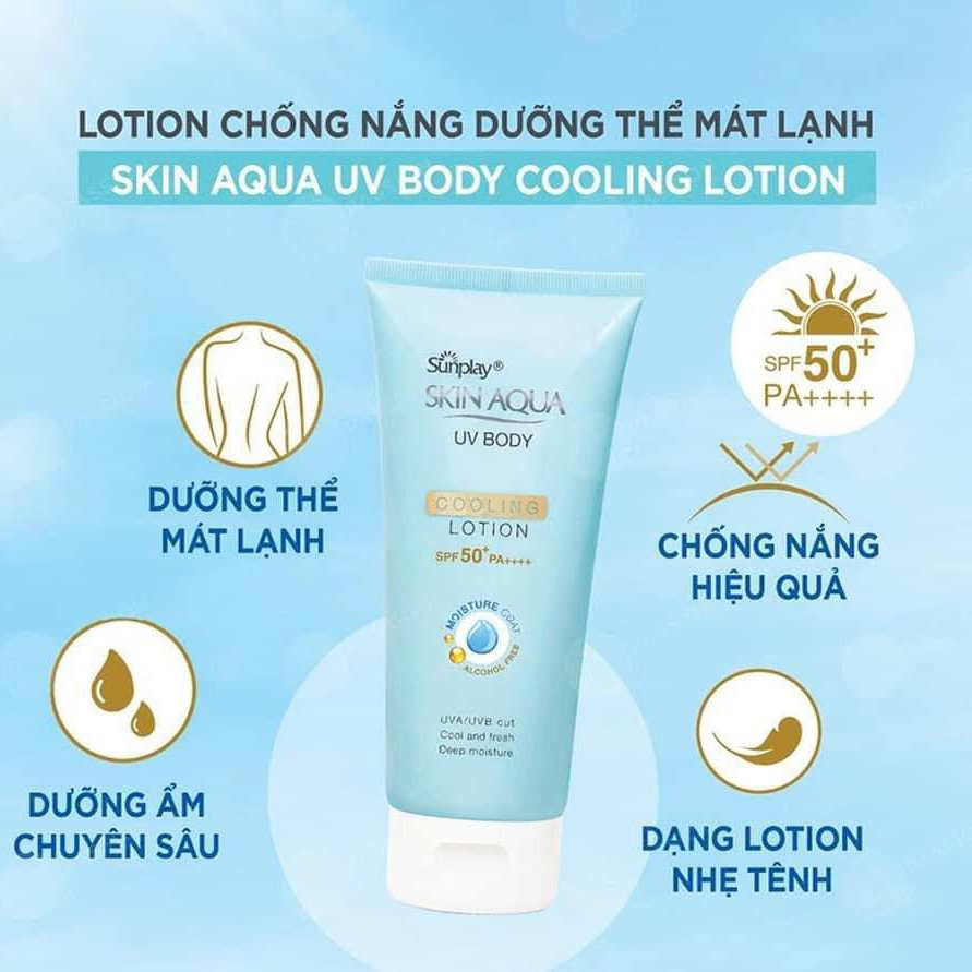 Hình ảnh chai lotion chống nắng dưỡng thể mát lạnh với thông tin về SPF 50+ và các đặc tính sản phẩm.