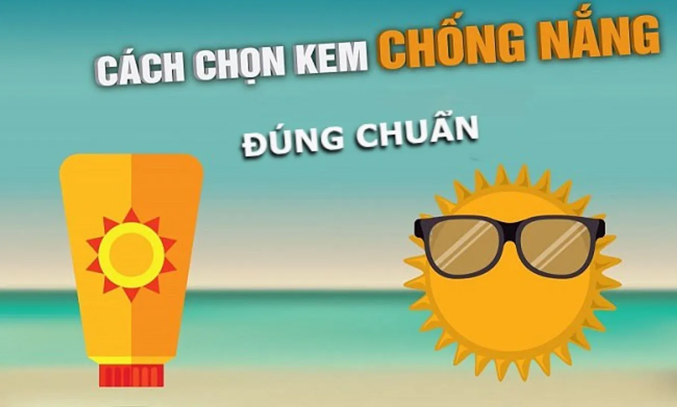 Hình ảnh có chai kem chống nắng và mặt trời đeo kính mát trên nền biển xanh.