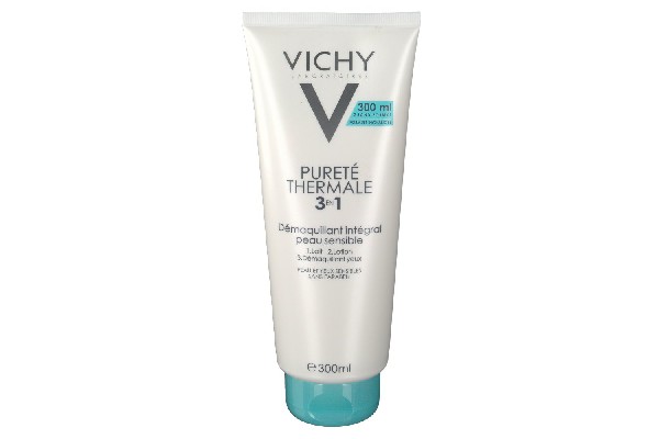 Tuýp kem màu trắng với nắp màu xanh, có chữ "PURETÉ THERMALE 3 in 1" và dung tích 300ml.