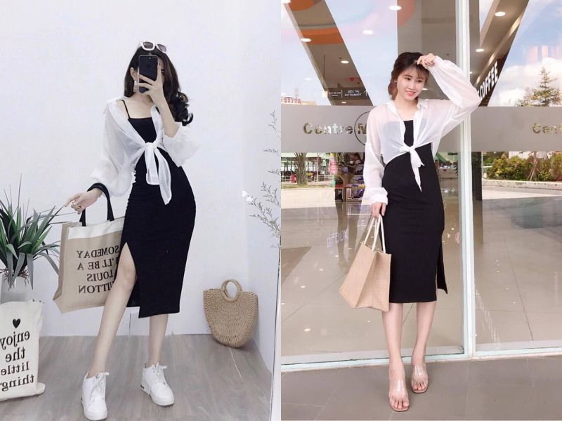 Người mặc váy đen, áo sơ mi trắng, cầm túi xách, đứng trước gương và trong sảnh.