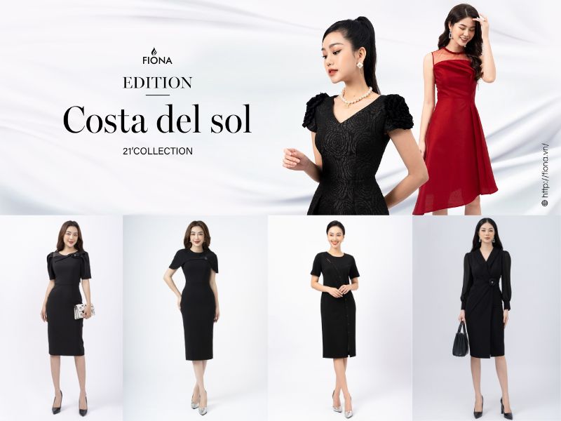 Hình ảnh quảng cáo bộ sưu tập thời trang với các mẫu váy đen và đỏ, gồm nhiều người mẫu nữ mặc váy khác nhau.