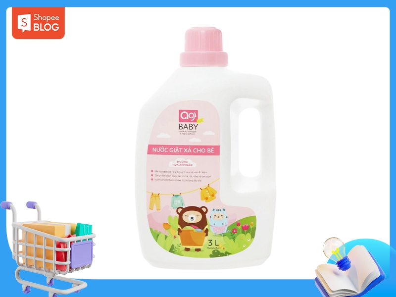 Chai nước giặt xả cho bé 3L, nắp màu hồng, thiết kế nhãn màu sắc vui nhộn với hình ảnh gấu và quần áo.