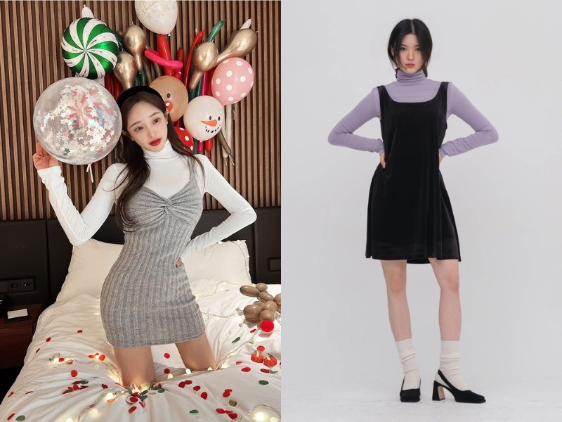 Người mẫu tạo dáng với trang phục thời trang, một người đứng trên giường với bóng bay, người kia đứng nền trắng.