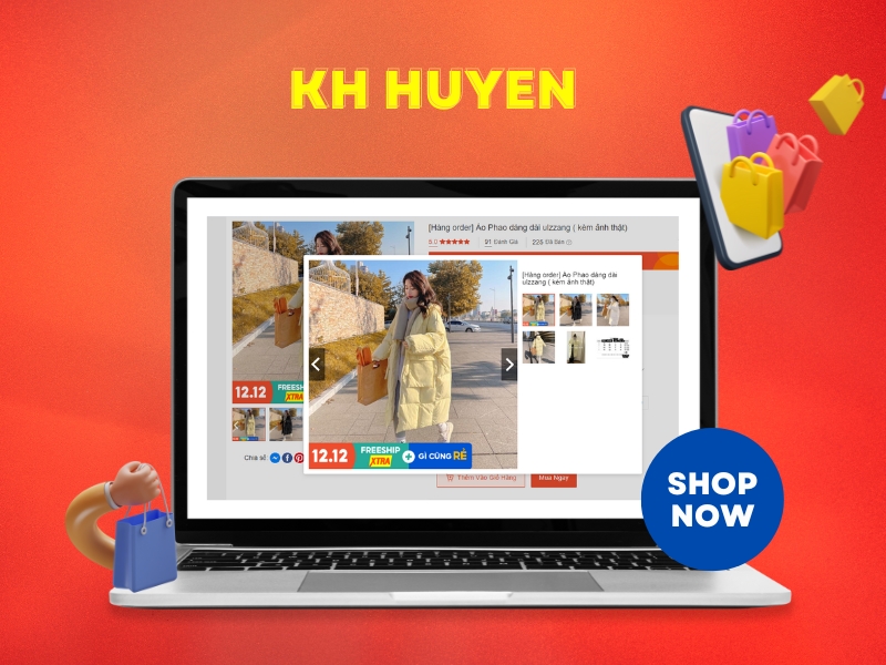 b79575ea-cach-phoi-ao-phao-dang-dai-8 Laptop hiển thị trang web bán áo phao dài, nền đỏ, có chữ "KH HUYEN" và biểu tượng giỏ hàng.