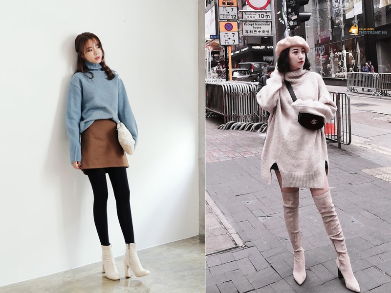 Hai người mặc trang phục mùa đông thời trang: áo len, chân váy, quần tất, bốt cao cổ, mũ nồi.