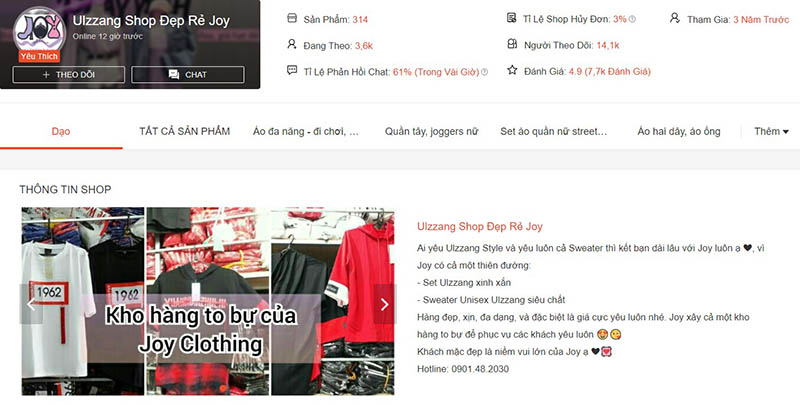 Trang web bán hàng trực tuyến, hiển thị sản phẩm thời trang và thông tin cửa hàng Joy Clothing.