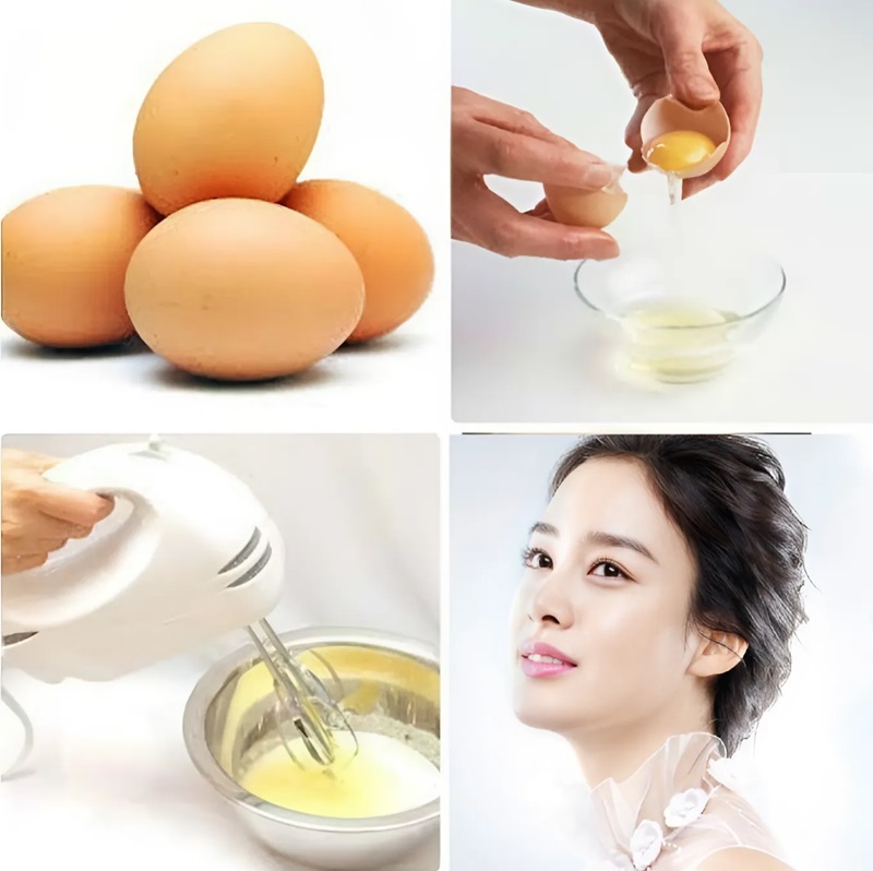 Một bức ảnh gồm trứng, lòng trắng trứng trong bát, máy đánh trứng và một người phụ nữ với làn da sáng.