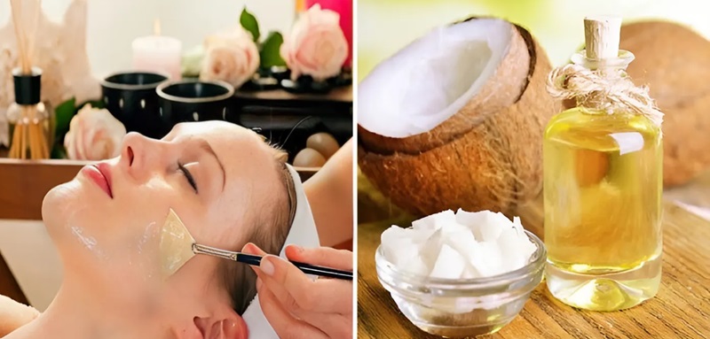 Người đang được đắp mặt nạ dưỡng da; bên cạnh là dầu dừa và dừa tươi trên bàn.