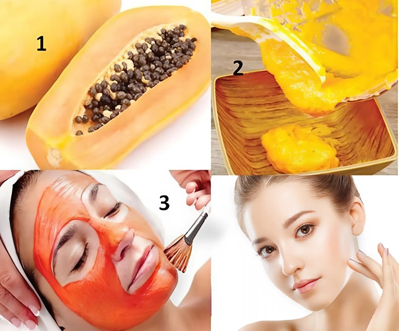 1. Đu đủ chín bổ đôi, hạt đen bên trong. 2. Hỗn hợp đu đủ nghiền trong tô. 3. Người đắp mặt nạ đu đủ. 4. Da mặt sáng mịn.