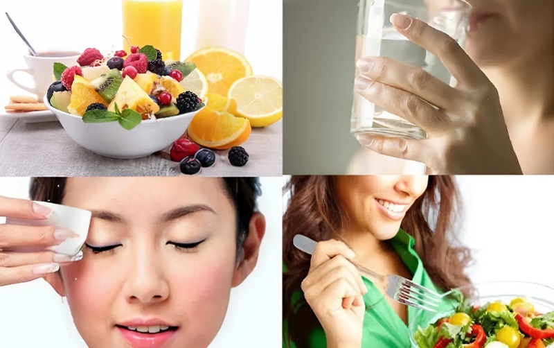 Bốn hình ảnh: bát trái cây và nước cam, người uống nước, người rửa mặt, người ăn salad.