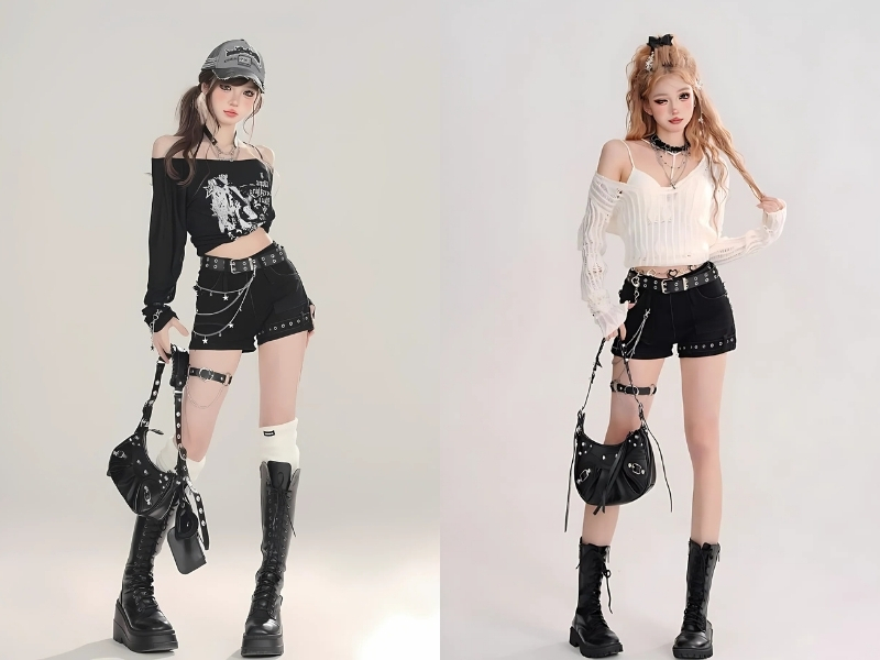 Hai người mặc trang phục cá tính với áo crop top, quần short, bốt cao, túi xách và phụ kiện thời trang.