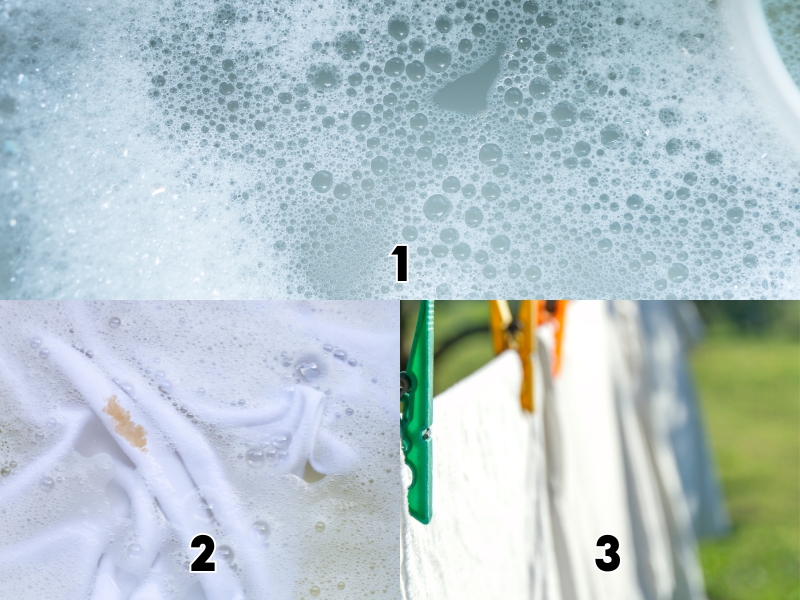 1. Bọt xà phòng nổi trên bề mặt nước.
2. Vải trắng với vết bẩn trong nước xà phòng.
3. Quần áo trắng phơi trên dây với kẹp nhựa màu sắc.