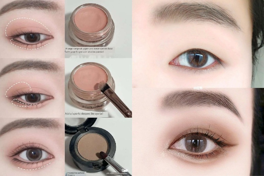 Hướng dẫn trang điểm mắt với các bước sử dụng phấn mắt và cọ, minh họa bằng hình ảnh chi tiết.