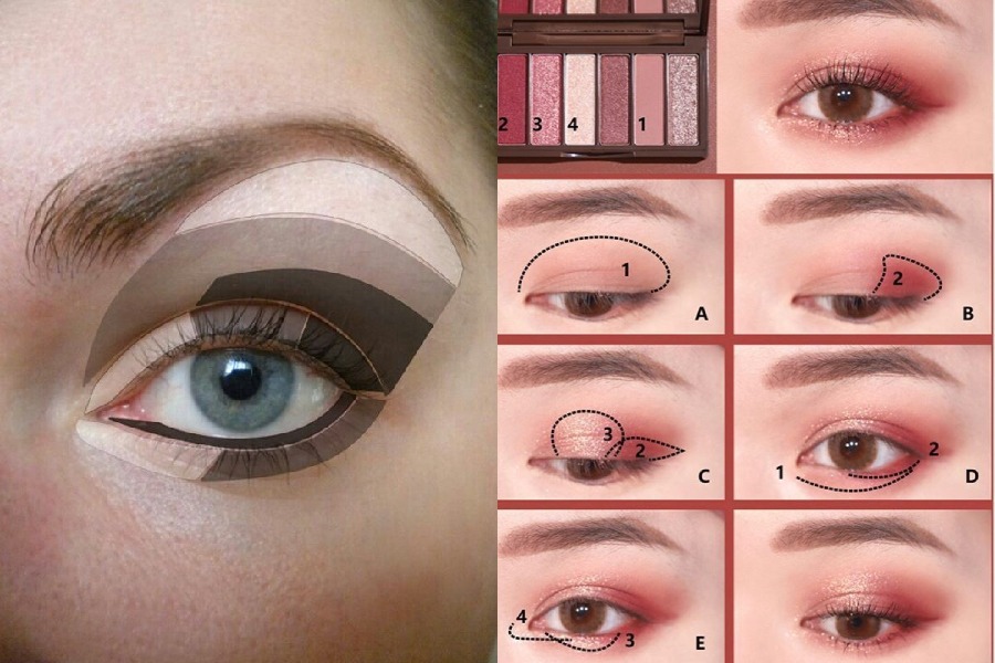 Hướng dẫn trang điểm mắt với bảng màu và các bước chi tiết, từ đánh màu nền đến tạo điểm nhấn.