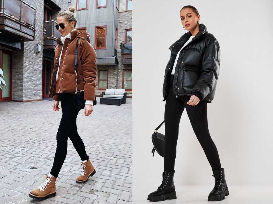 Hai người mặc áo khoác mùa đông, quần legging đen và giày bốt, đứng trong các bối cảnh khác nhau.