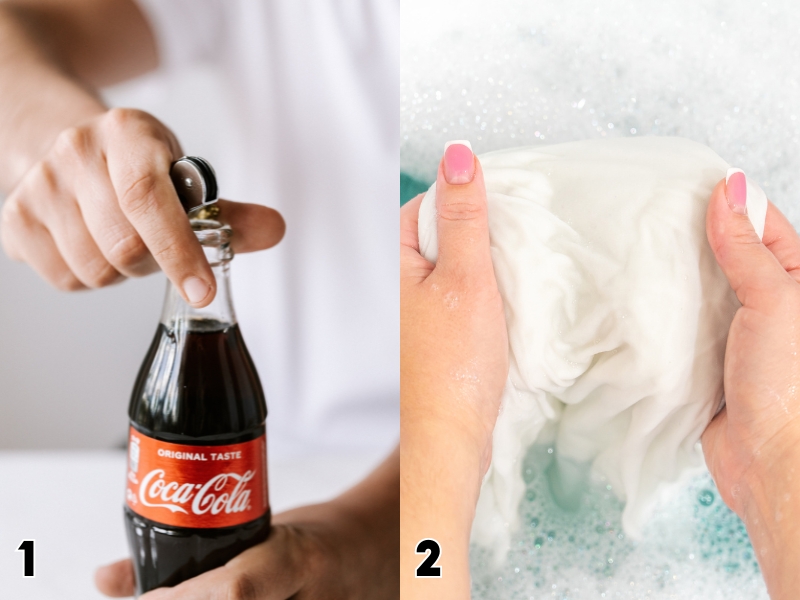 1. Tay mở nắp chai nước ngọt.  
2. Tay giặt vải trắng trong nước xà phòng.