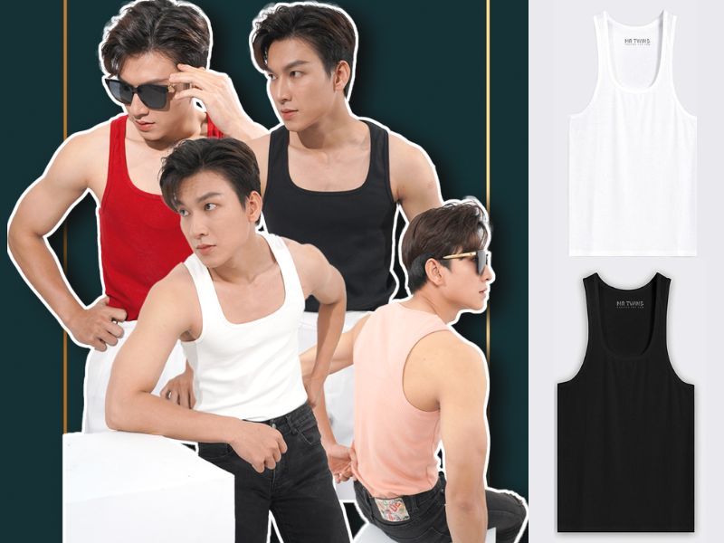 Bốn người mẫu nam mặc áo ba lỗ màu đen, trắng, đỏ và hồng; bên cạnh là hình ảnh áo ba lỗ đen và trắng.