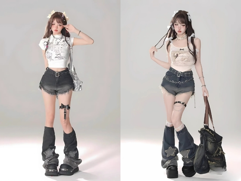 Người mẫu trong trang phục thời trang hiện đại với áo crop top và quần short, mang phụ kiện độc đáo và túi xách.