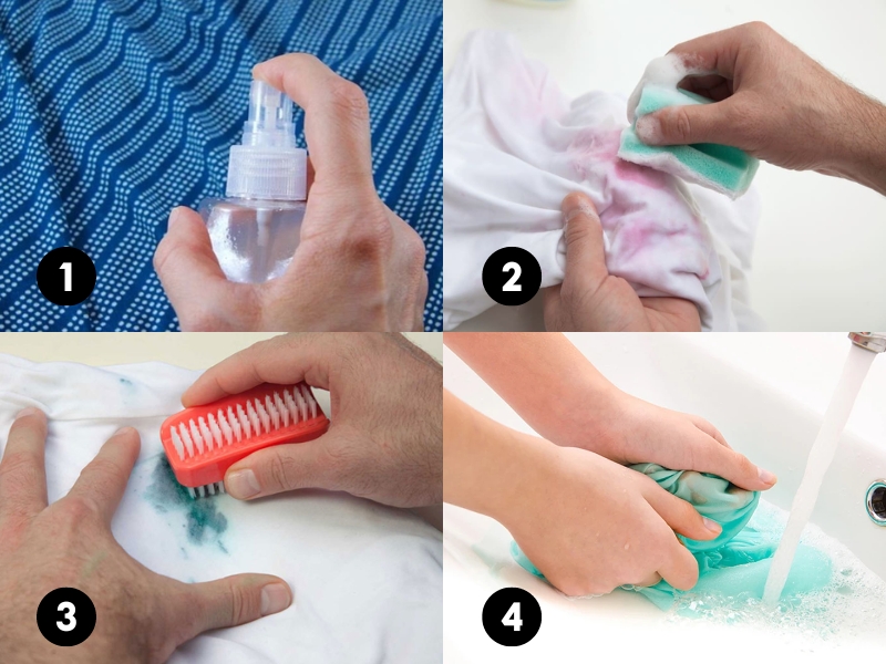 Bốn bước làm sạch vết bẩn trên áo: xịt dung dịch, chà bằng miếng bọt biển, dùng bàn chải và giặt dưới vòi nước.