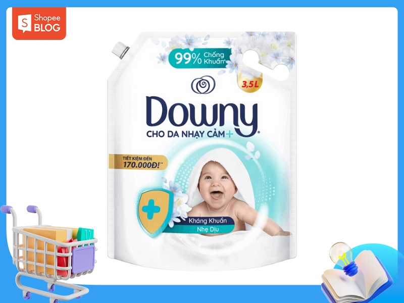 Bao bì sản phẩm nước xả vải cho da nhạy cảm, dung tích 3.5L, với hình ảnh em bé và biểu tượng kháng khuẩn.
