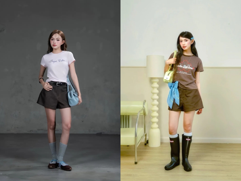 Hai người mẫu nữ tạo dáng trong trang phục thời trang với áo thun và quần ngắn, mỗi người đứng ở một bối cảnh khác nhau.