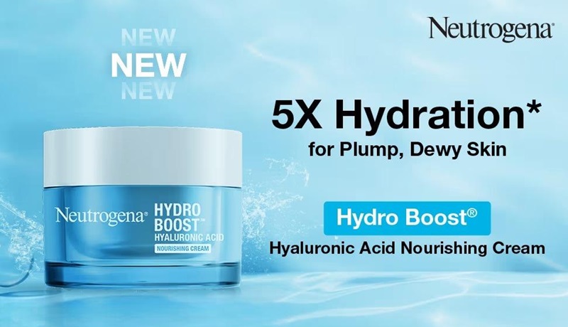 Hình ảnh sản phẩm kem dưỡng Neutrogena Hydro Boost với thông điệp tăng cường độ ẩm cho làn da căng mịn.