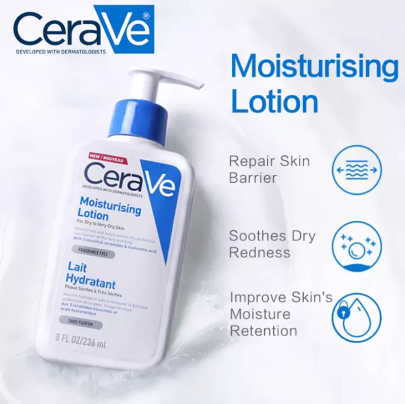 Chai dưỡng ẩm CeraVe với vòi bơm, dung tích 236 ml, kèm thông tin lợi ích sản phẩm bằng tiếng Anh.