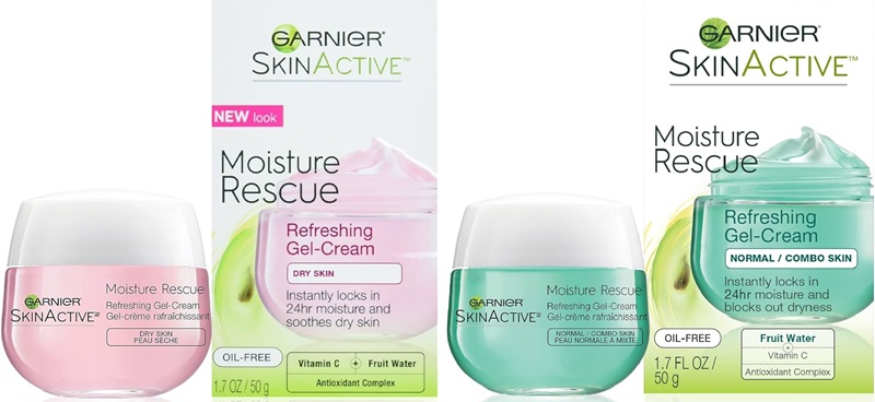 Hai sản phẩm kem dưỡng ẩm Garnier SkinActive với bao bì màu hồng và xanh, dành cho da khô và da thường/hỗn hợp.