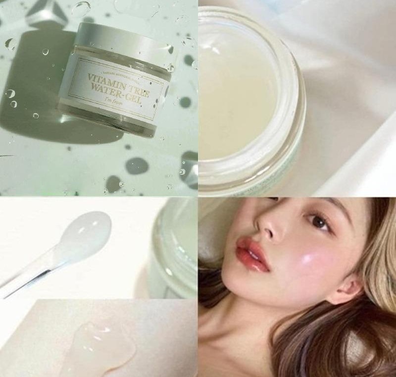 Hũ gel dưỡng da và hình ảnh người dùng với làn da sáng bóng, cùng thìa nhựa và kết cấu sản phẩm.