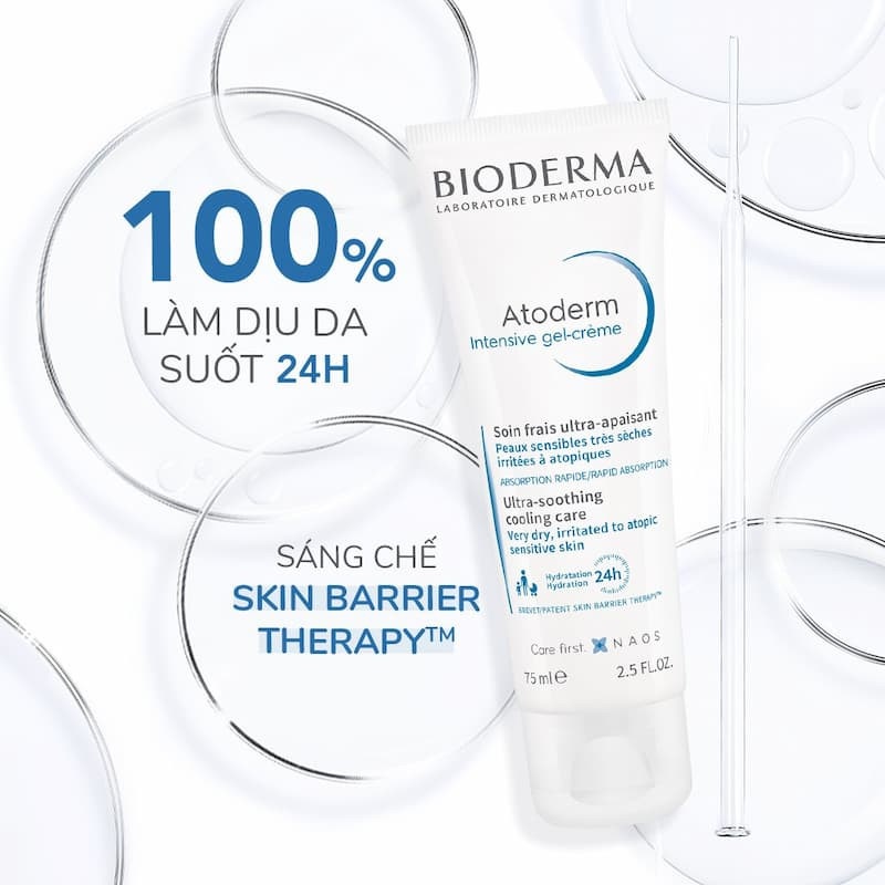 Hình ảnh sản phẩm kem dưỡng da Bioderma Atoderm, thông tin làm dịu da 24h và sáng chế Skin Barrier Therapy.