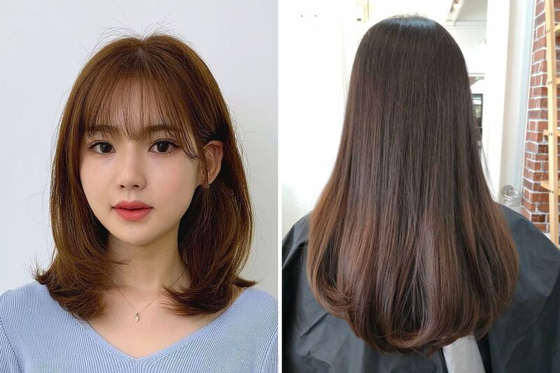 Bên trái là kiểu tóc ngắn ngang vai, bên phải là tóc dài suôn mượt, đều có màu nâu tự nhiên.