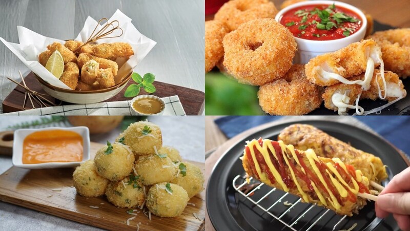 Hình ảnh bốn món ăn chiên giòn khác nhau, được trình bày cùng nước chấm và trang trí lá xanh.