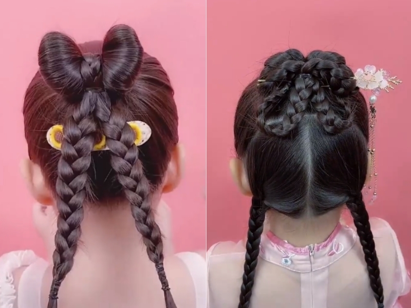 Hai kiểu tóc tết sáng tạo cho bé gái, một bên buộc hình nơ và một bên có phụ kiện hoa trên nền hồng.