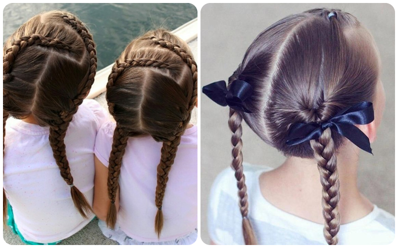 Hai kiểu tóc tết khác nhau, một kiểu có dây ruy băng đen, trên nền áo trắng và xanh nhạt.
