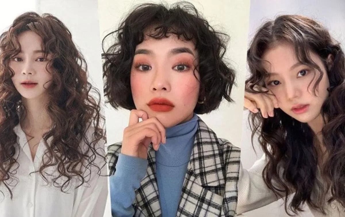 Ba người với các kiểu tóc xoăn khác nhau, từ dài đến ngắn, trên nền trắng.